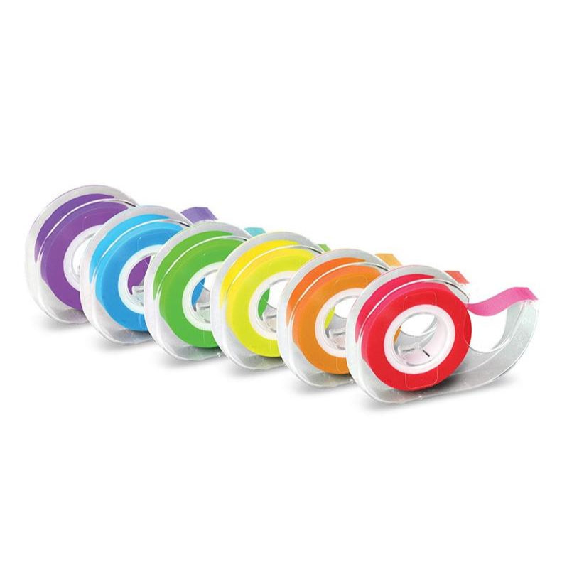 A series of highlighter tapes in various colors dispensed from a plastic dispenser, designed for highlighting and crafting.