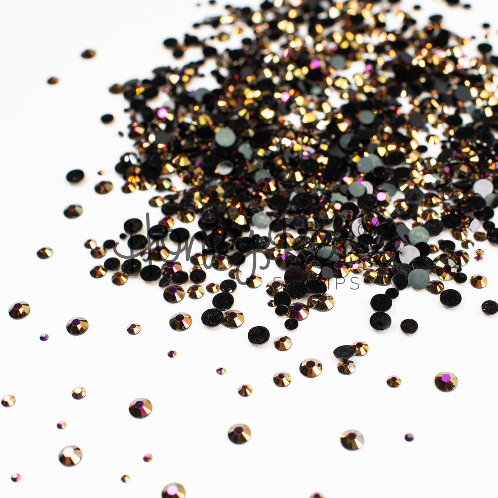 Foundry - Flat Back Rhinestone Purple and Gold Shimmer on Black Mix 2mm to 5mm size