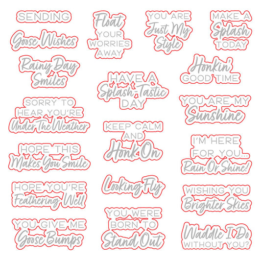 Rainy Day Smiles coordinating dies by Honey Bee Stamps, die outlines around each sentiment from the stamp set
