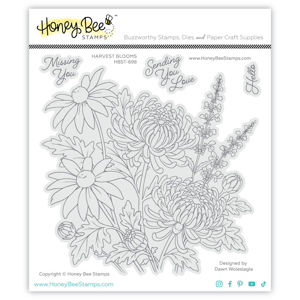 Honey Bee Stamps clear stamp sheet featuring floral line art designs including daisies, chrysanthemums, and wildflowers, with coordinating script phrases such as 'Missing You' and 'Sending You Love' on a white background.