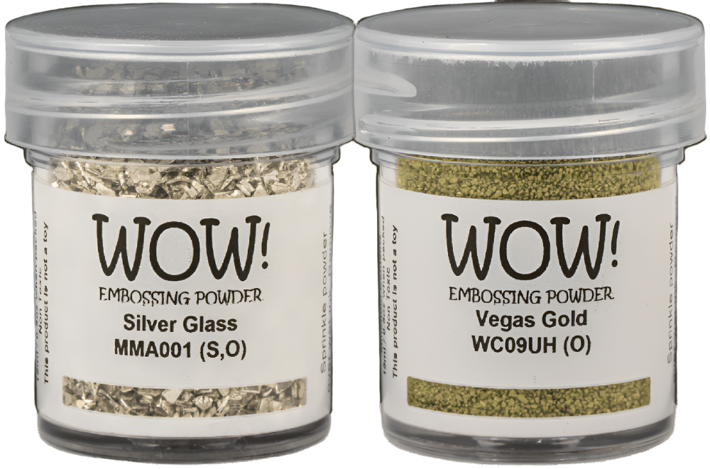 Two containers of WOW! Embossing Powder, one silver glass and one Vegas Gold, on a white background.