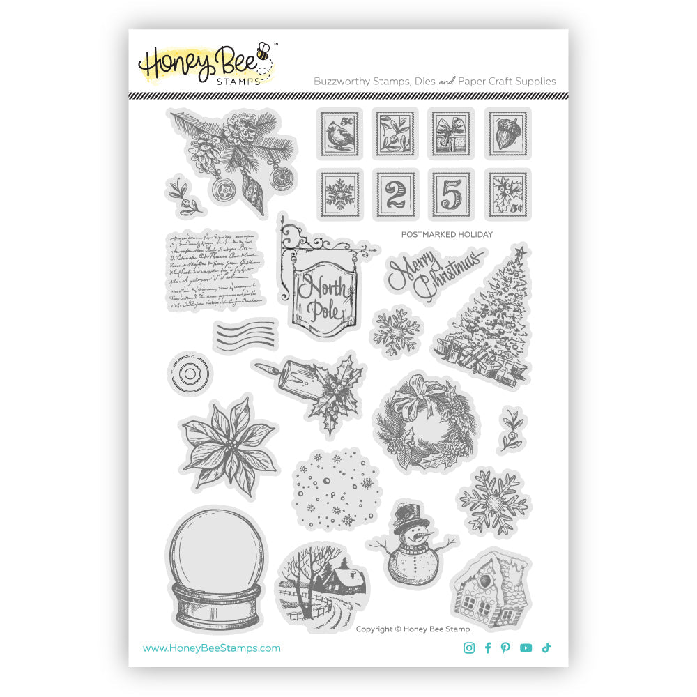 Postmarked: Holiday - 6x8 Rubber Cling Stamp Set - Honey Bee Stamps