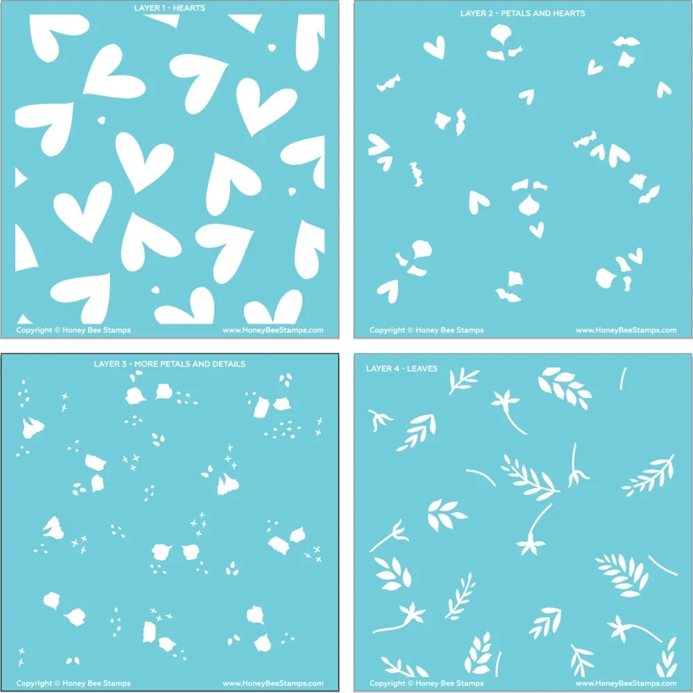 Hearts In Bloom - Set of 4 - 6"x6" Layering Background Stencils - Honey Bee Stamps