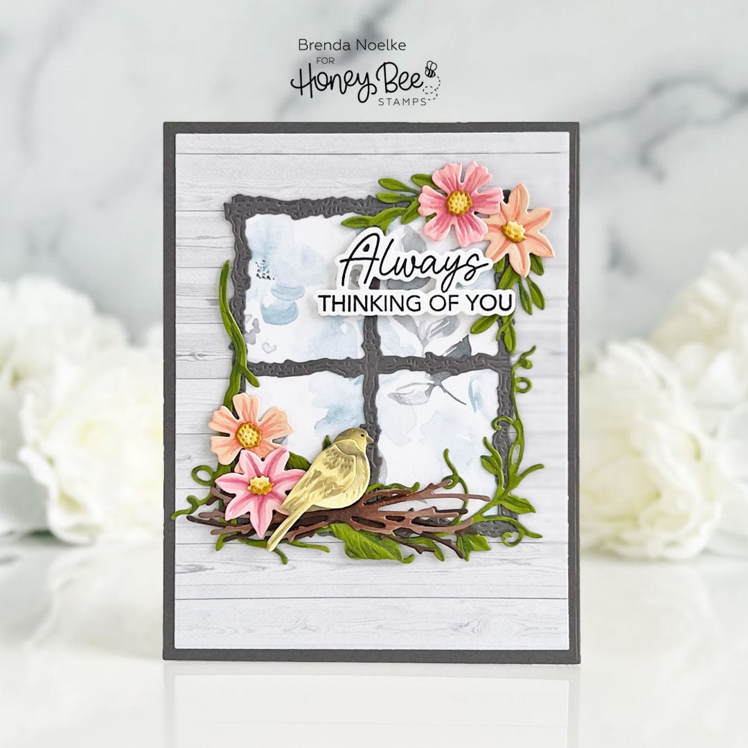 Handmade greeting card with a window scene, a yellow bird, pink flowers, and 'Always Thinking of You' text.
