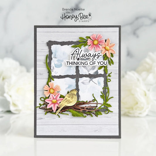 Handmade greeting card with a window scene, a yellow bird, pink flowers, and 'Always Thinking of You' text.
