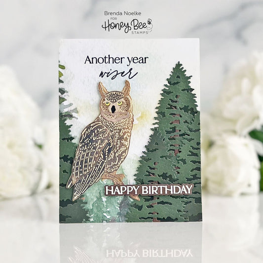 Handmade birthday card featuring an owl among evergreen trees with text 'Another year wiser'