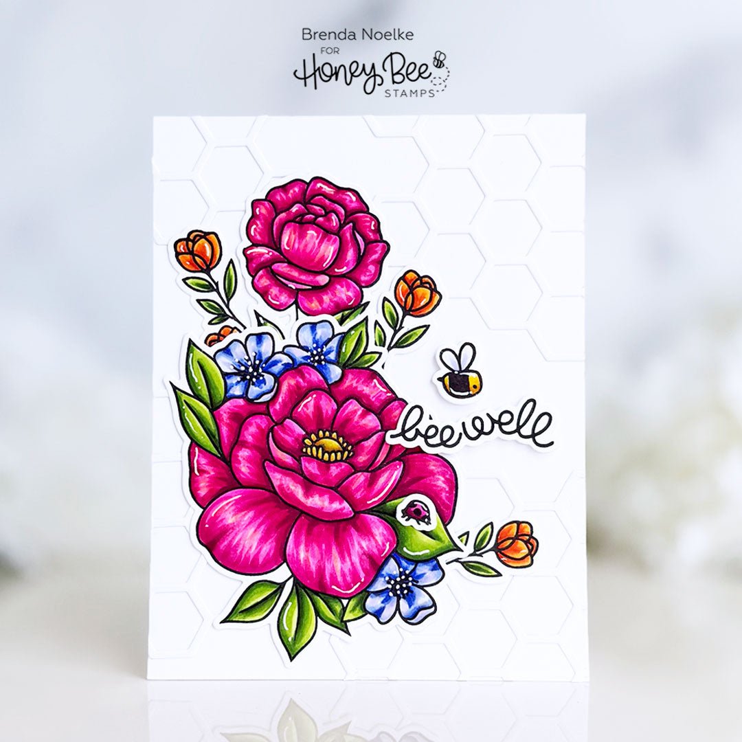 Hand-colored floral card with pink peonies, blue flowers, and a small bee with 'beewell' text.