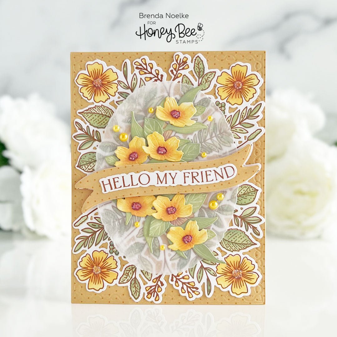 Handmade Bountiful Banner Friendship card with yellow floral accents and 'Hello My Friend' banner.
