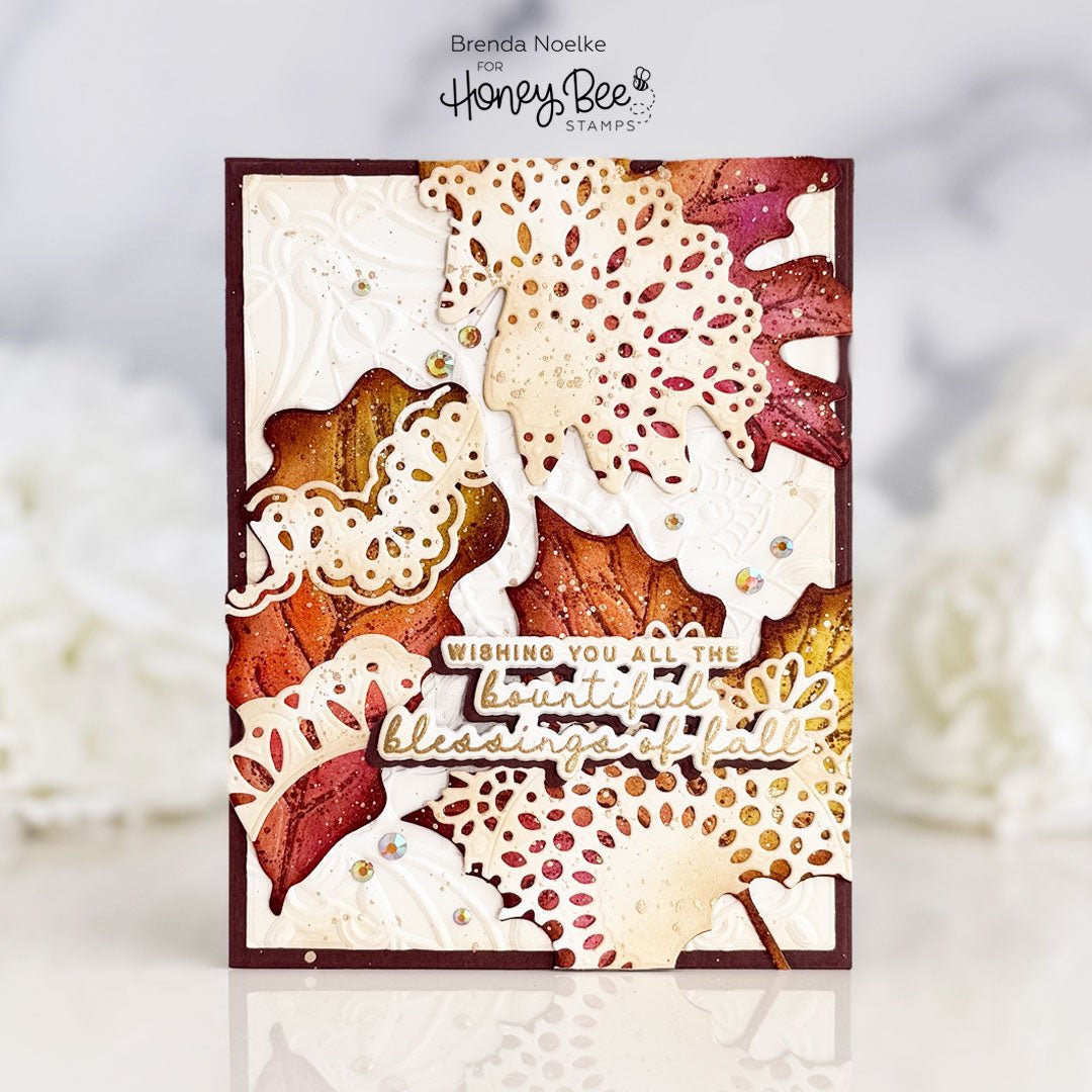 Handmade fall greeting card with embossed leaves and 'Bountiful Blessings of Fall' sentiment.