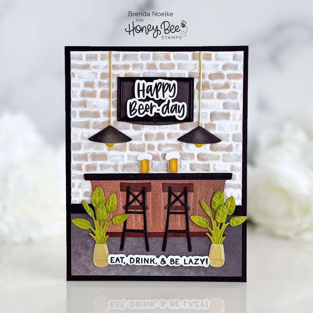 Handmade 'Happy Beer-day' card featuring a man cave bar scene with beer mugs and stools.