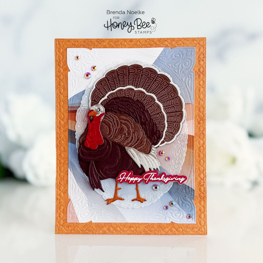 Handmade Thanksgiving card featuring a 3D layered turkey with a Happy Thanksgiving sentiment.