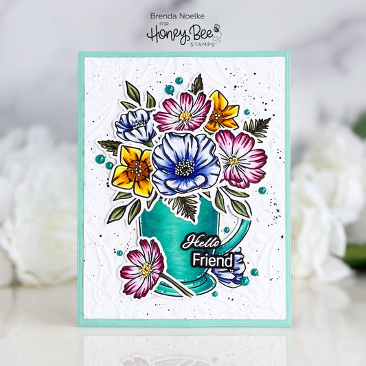 Handmade greeting card featuring a teal vase of colorful stamped flowers with 'Hello Friend' text.