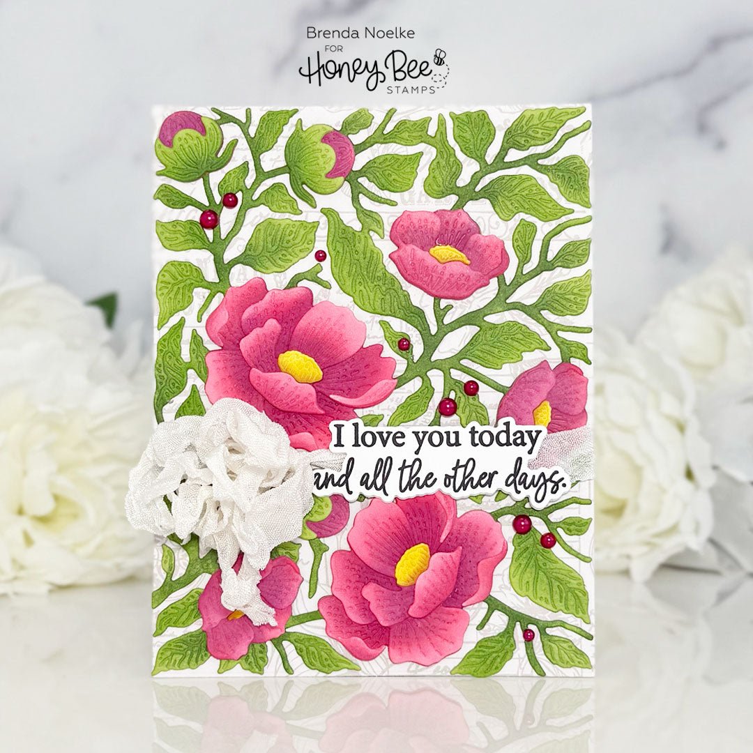Handmade card with pink floral illustrations and 'I love you today and all the other days' text.