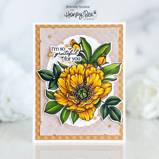 Handmade card with a large yellow peony flower and text saying 'I'm so grateful for you'.