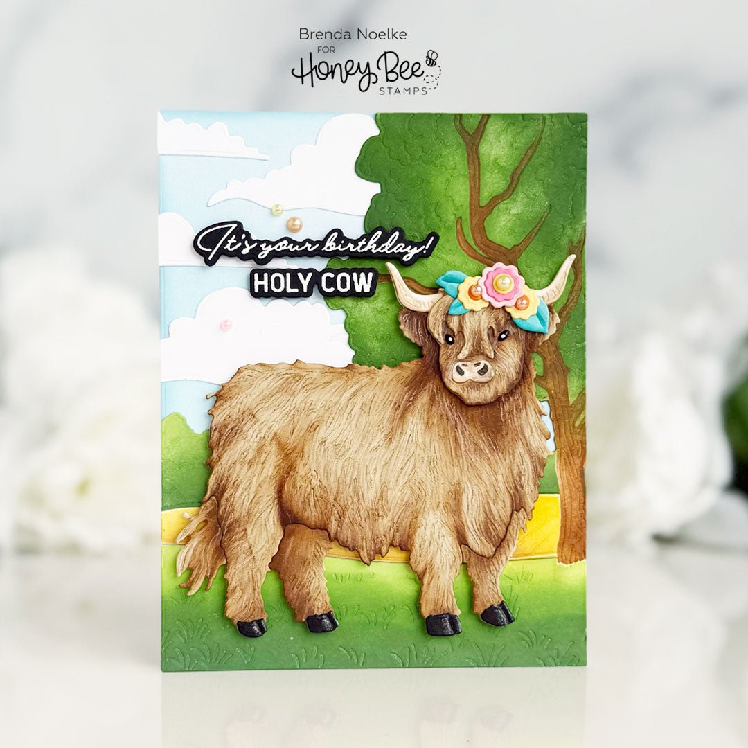 Handmade birthday card featuring a fluffy highland cow with a flower crown and 'Holy Cow' text.