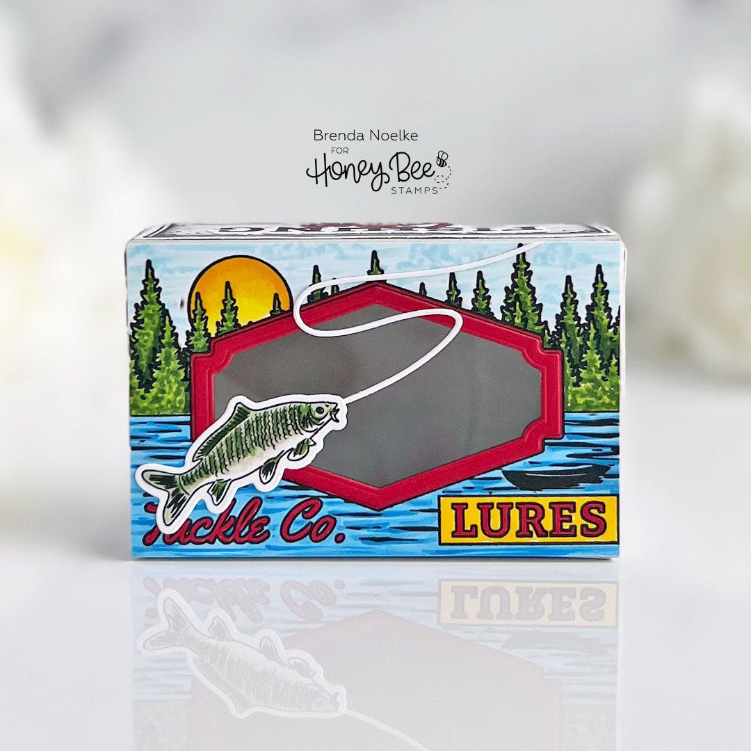 Lucky Lures themed handmade gift box with a fishing scene and bass fish cutout.