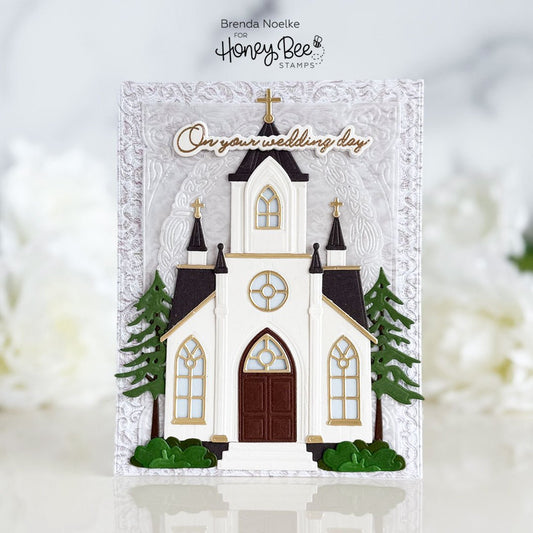 Handmade wedding card featuring a white church illustration with 'On your wedding day' text.