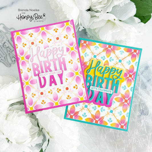 Two colorful birthday cards featuring floral mosaic patterns and 'Happy Birthday' sentiments.