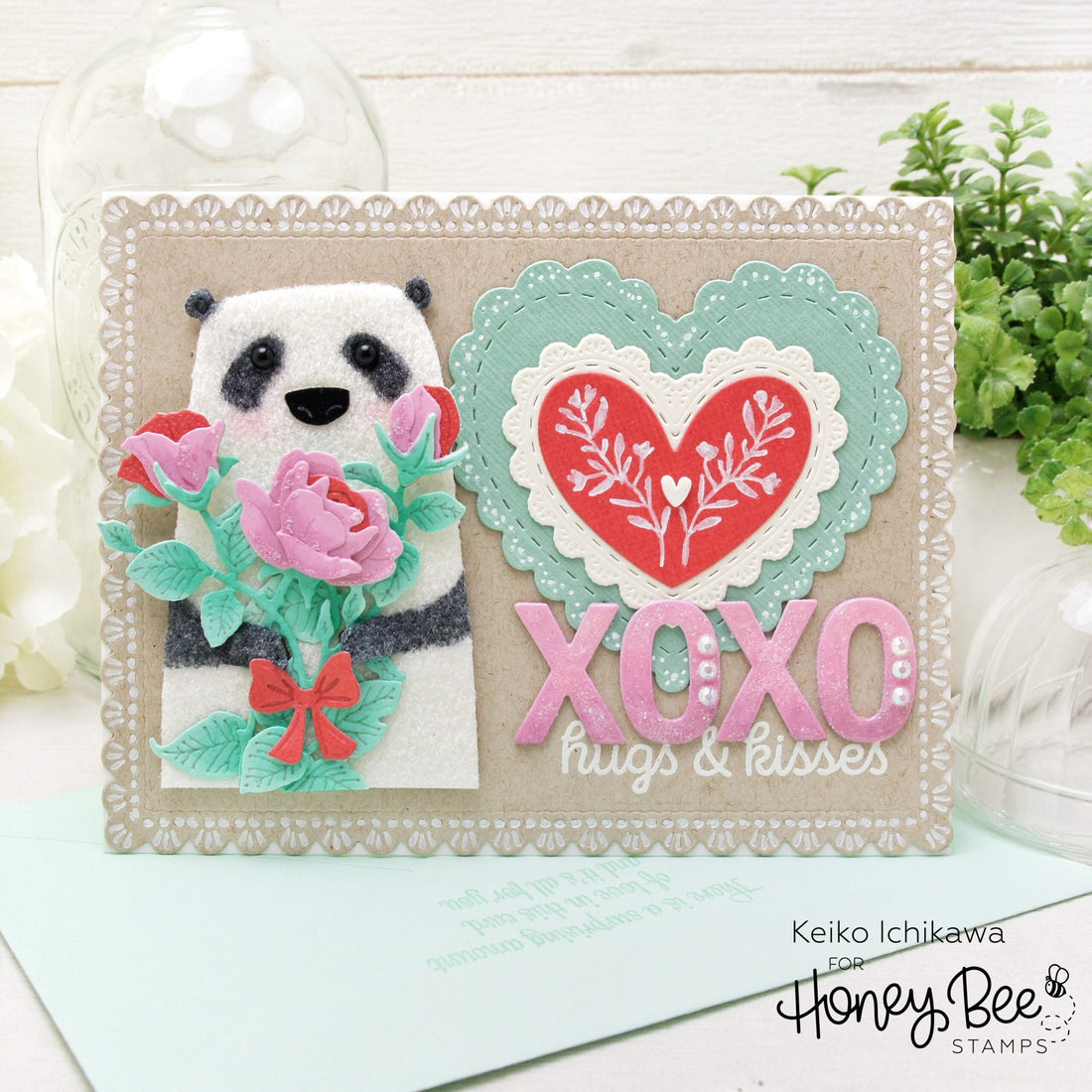Panda &amp; Roses Love Themed Card - Honey Bee Stamps
