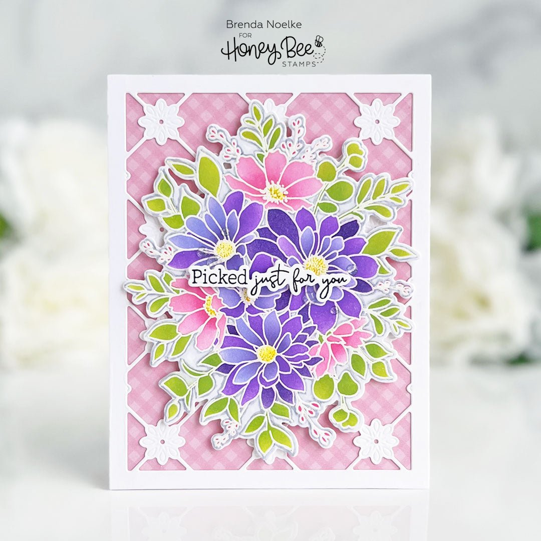 Handmade card featuring a colorful 3D floral bouquet and 'Picked just for you' sentiment.