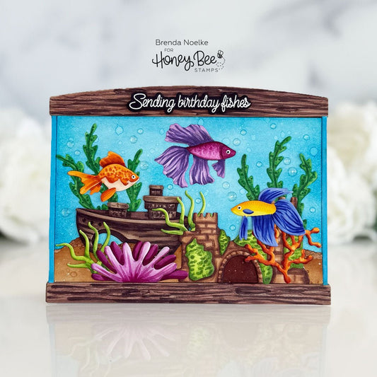 Handmade birthday card featuring a colorful underwater scene with fish and a sunken shipwreck.