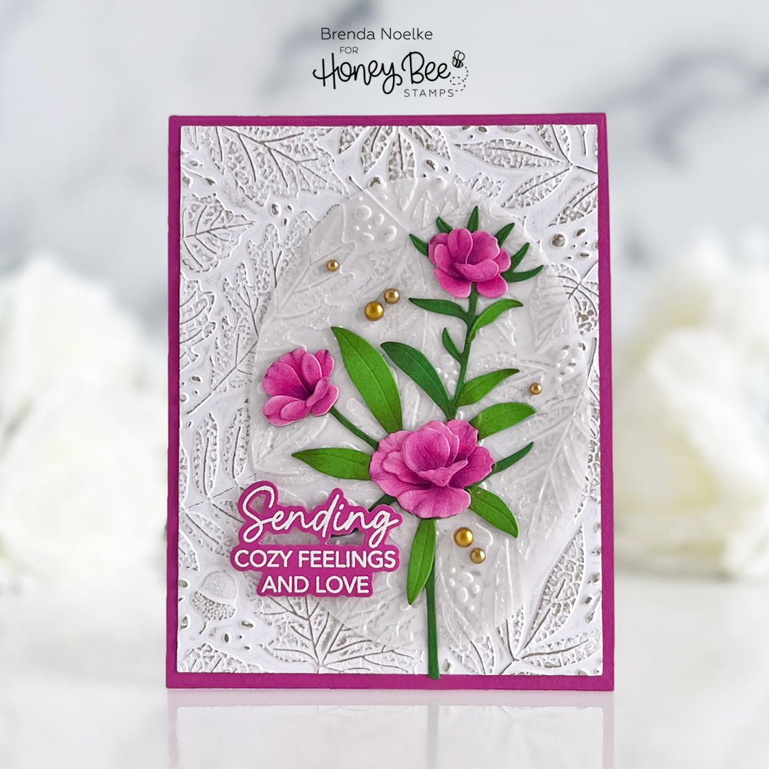 Handmade card with embossed white background, pink 3D flowers, and 'Sending Cozy Feelings and Love' text.