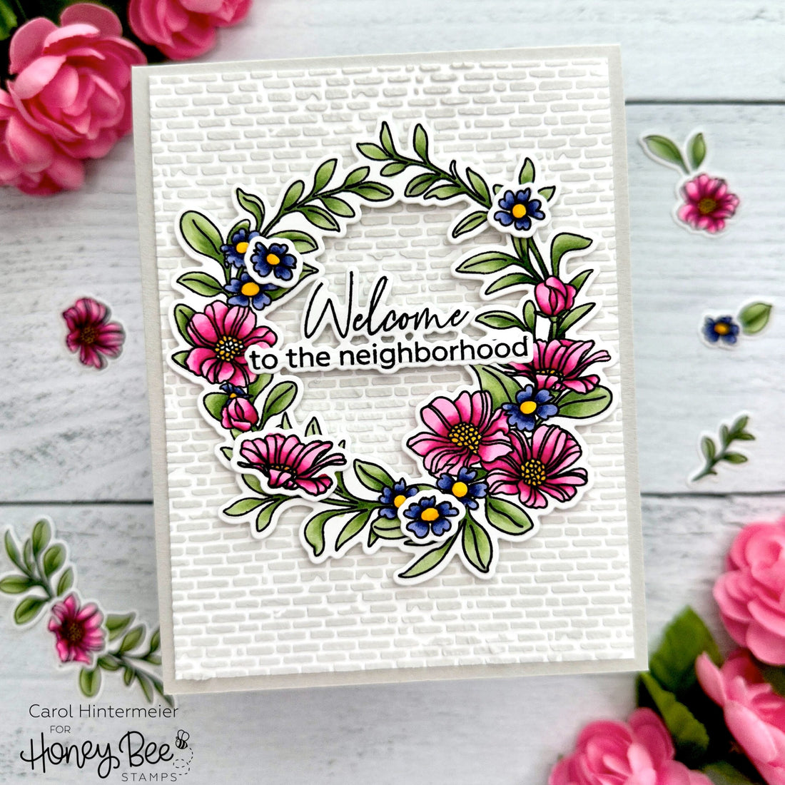 Spring Wreath on a Textured Brick Background - Honey Bee Stamps