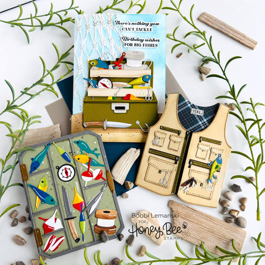 Tackle Box and Fishing Vest for Fishing Season by Bobbi Lemanski - Honey Bee Stamps