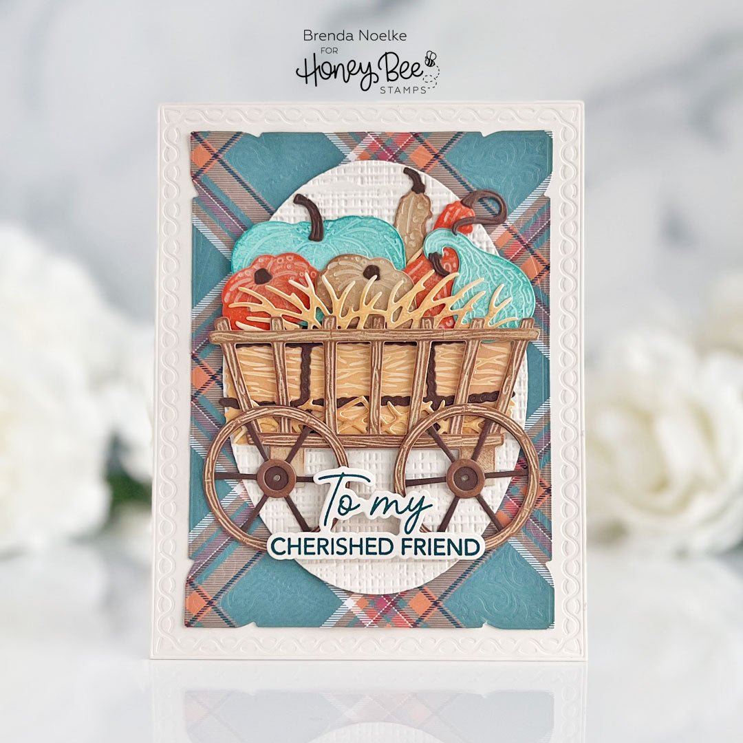 Handmade fall card featuring a wagon filled with pumpkins and the text 'To my Cherished Friend'.