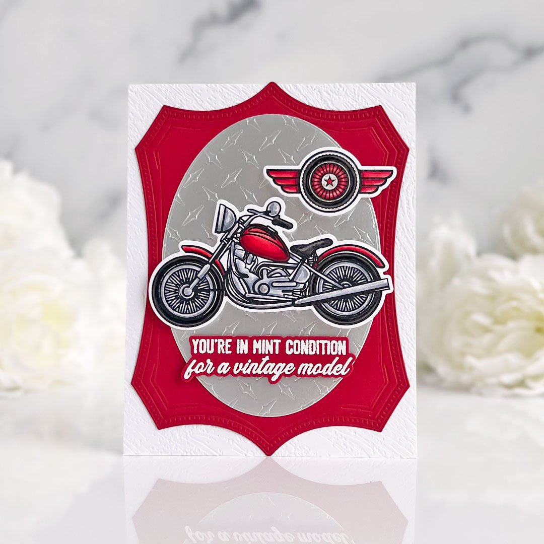 Handmade greeting card featuring a vintage red motorcycle illustration and a humorous sentiment.