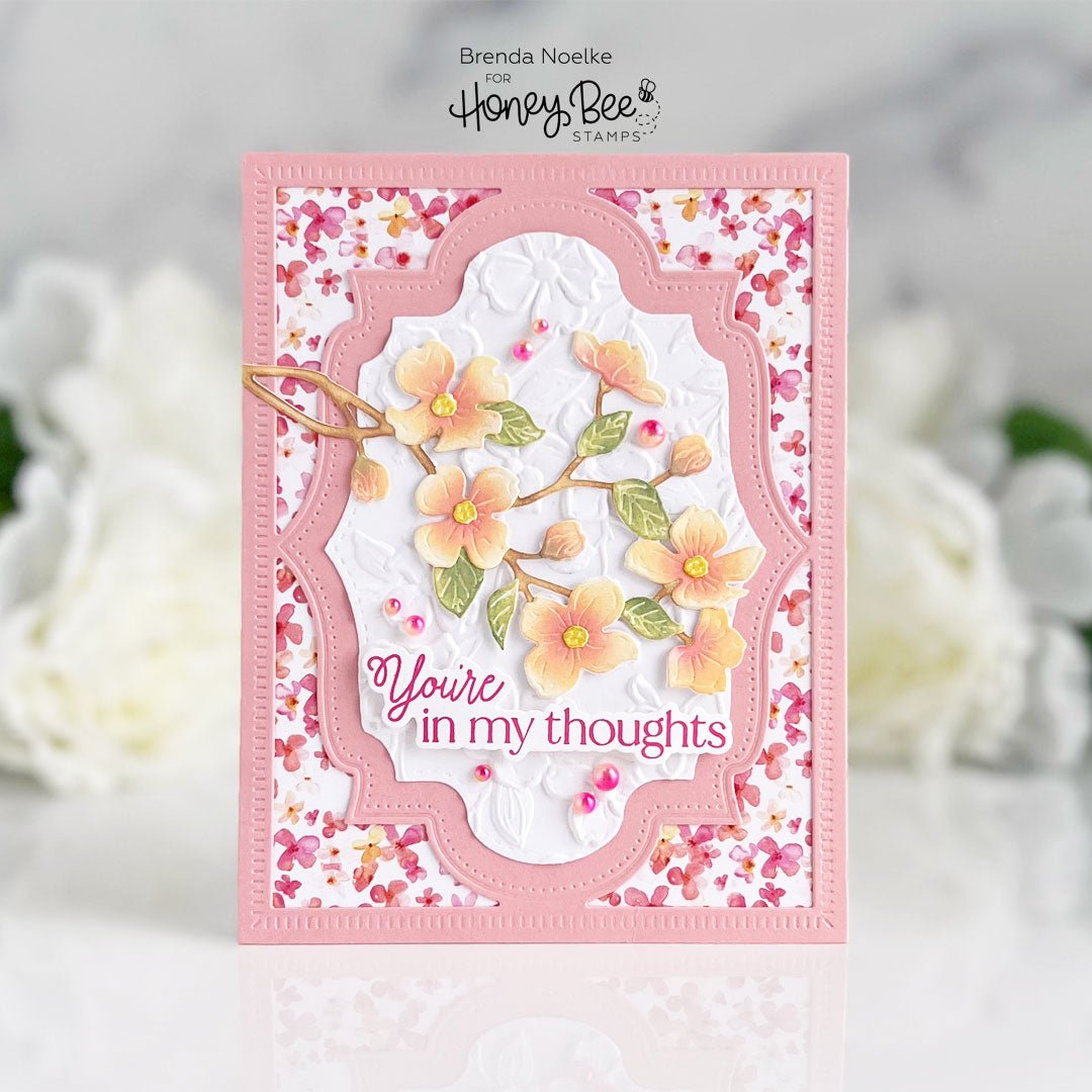 Handmade pink card with Dogwood Blooms floral accents and 'You're in my thoughts' sentiment.