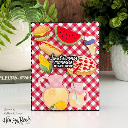 Card with summer-themed illustrations on a red and white checkered background, featuring text 'Sweet summer memories start here'.