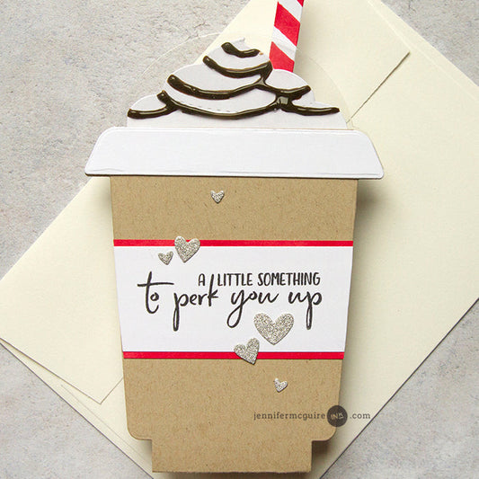 Card designed like a coffee cup with a straw on a gray background