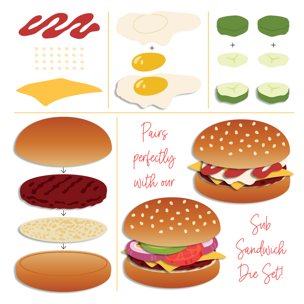Illustration of a hamburger assembly with ingredients and text on a white background