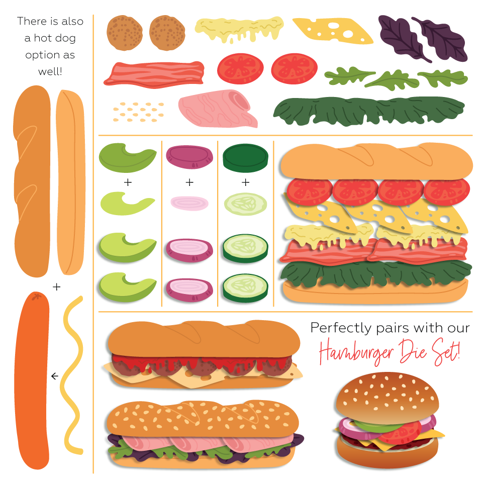 Illustrated sandwich building set with components and examples on a white background.
