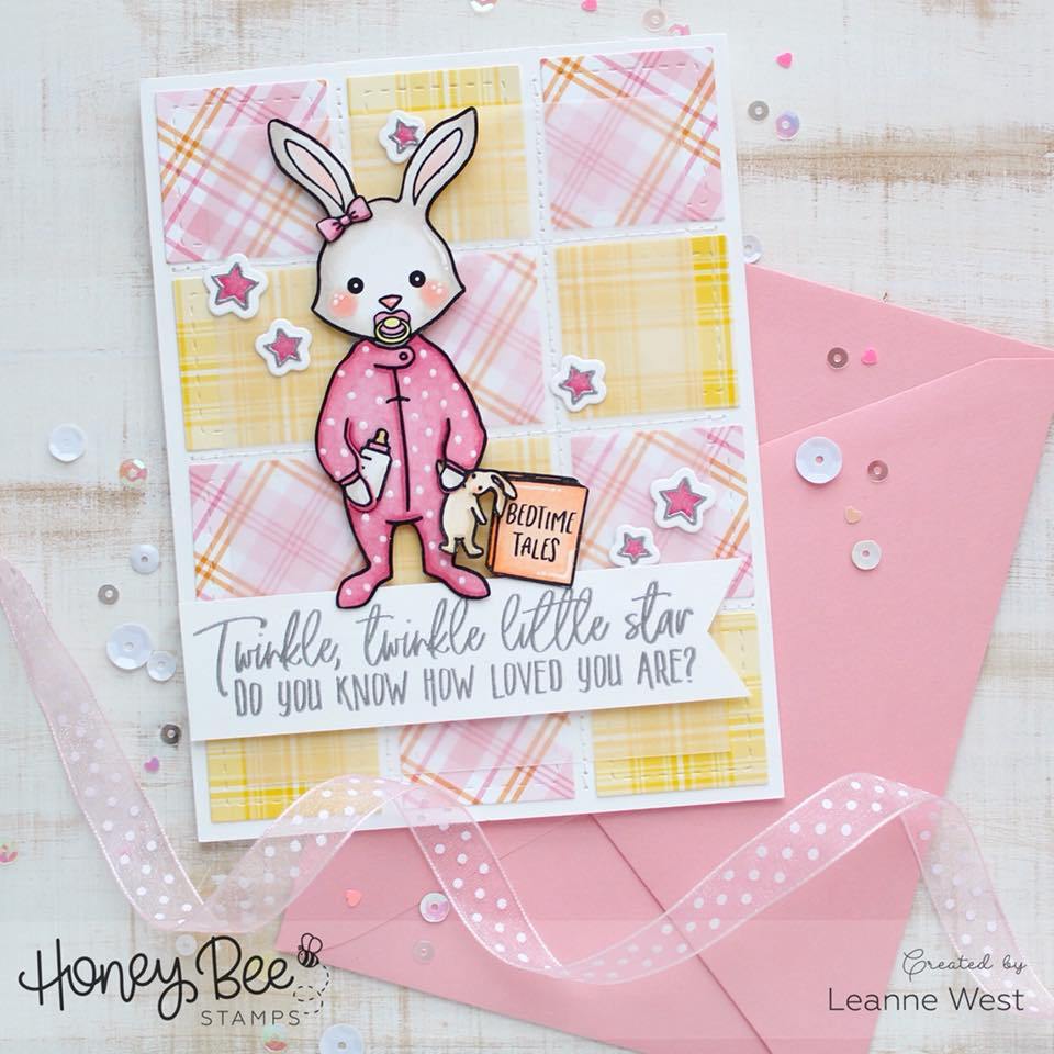 Card with a baby bunny design and text, featuring Honey Bee Stamps branding.