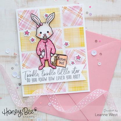 Card with a baby bunny design and text, featuring Honey Bee Stamps branding.