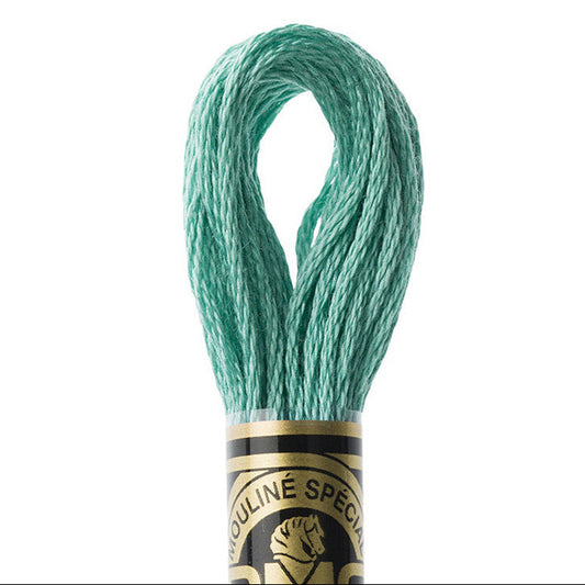 Spool of teal embroidery floss with a brand label on a white background
