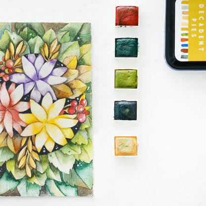 Color swatch book with watercolor floral design on a white background