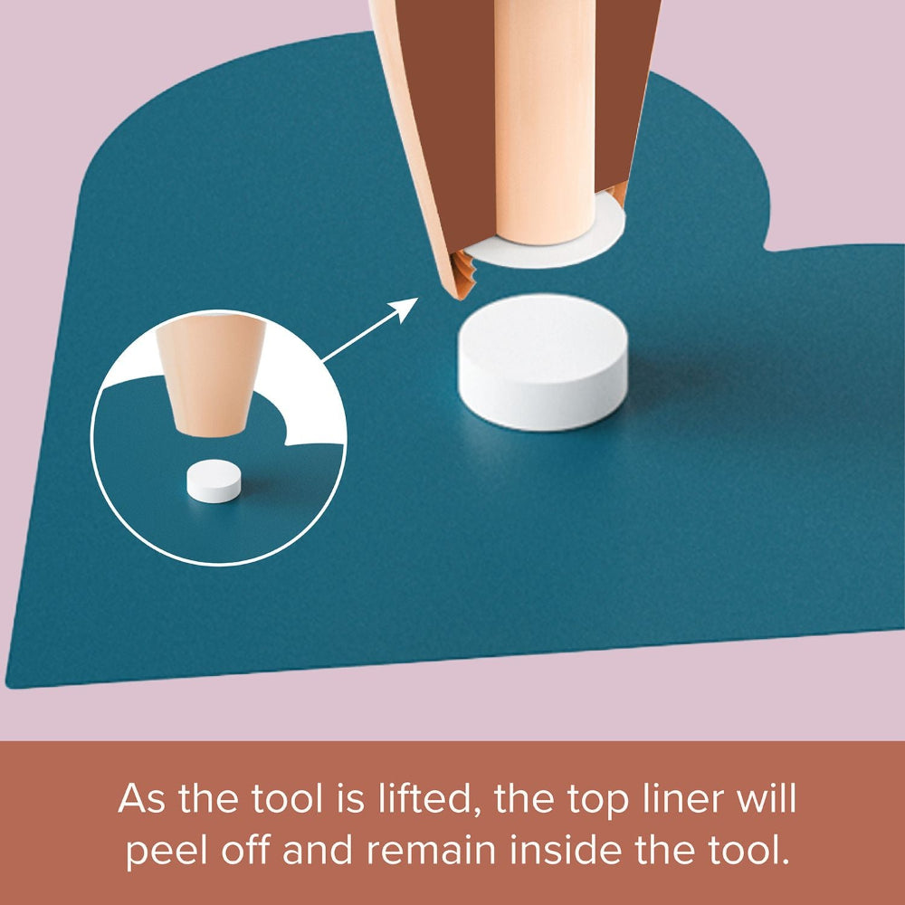Illustration of a tool lifting a top liner from a white disc on a blue surface.