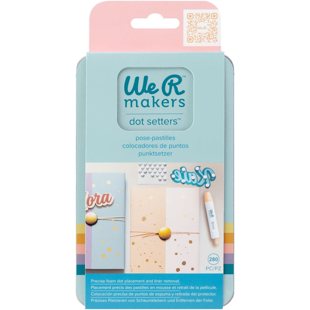 Packaging of We R Makers dot setters with a pen on a white background