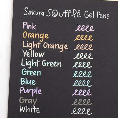 Color swatches of Sakura S@ff@ré gel pens on a white and black background.