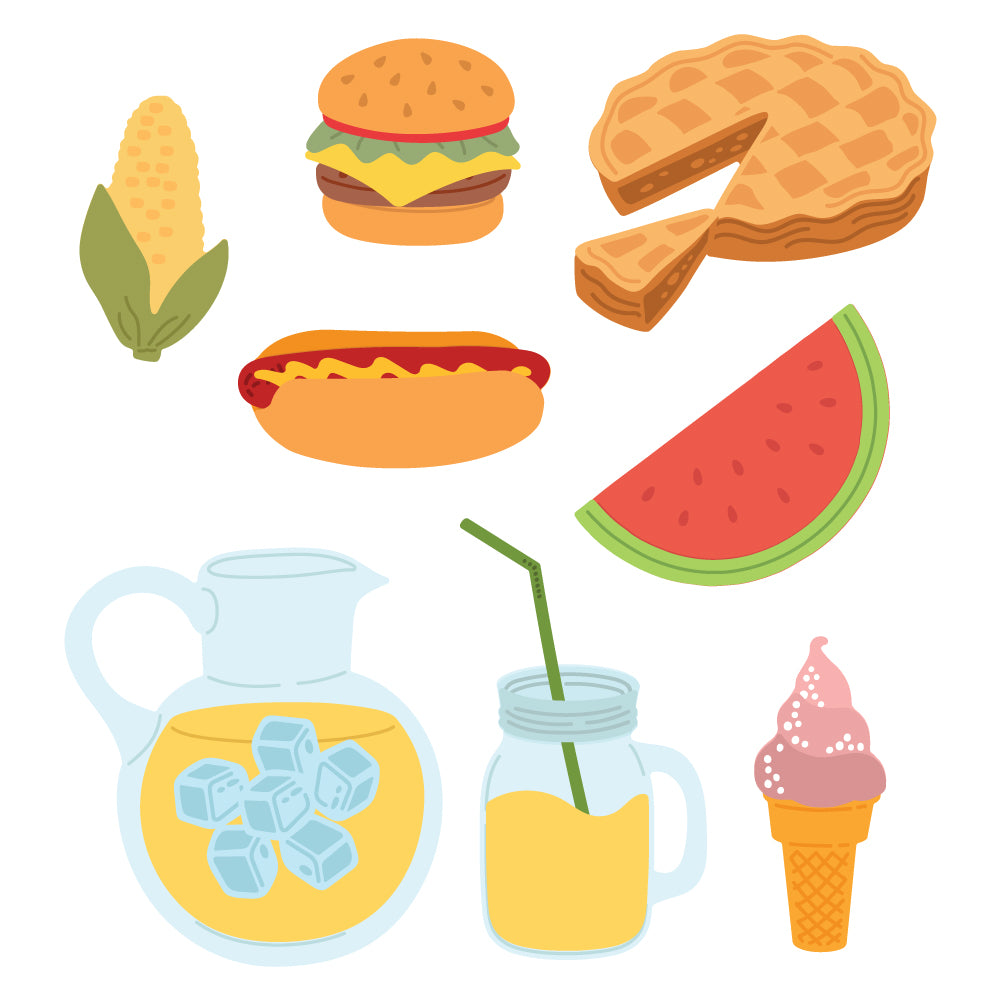 Illustrations of a corn cob, hamburger, apple pie, hot dog, watermelon slice, pitcher with lemonade, glass with straw, and ice cream cone on a white background.