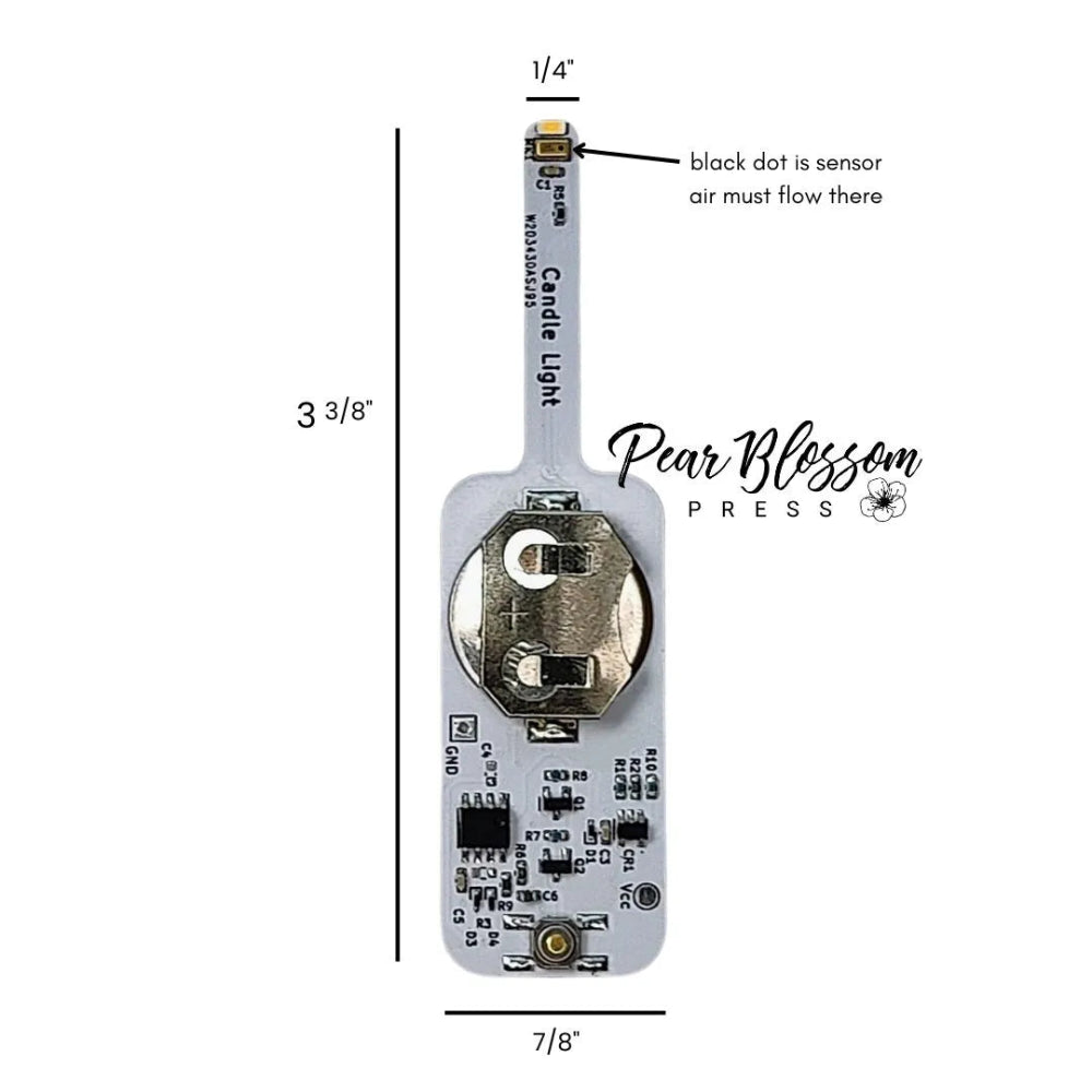 Technical diagram of a electronic component with measurements and labels, featuring the brand 'Pear Blossom Press'.