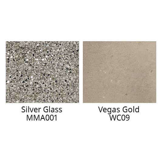 Two color swatches labeled 'Silver Glass MMA001' and 'Vegas Gold WC09' on a white background.