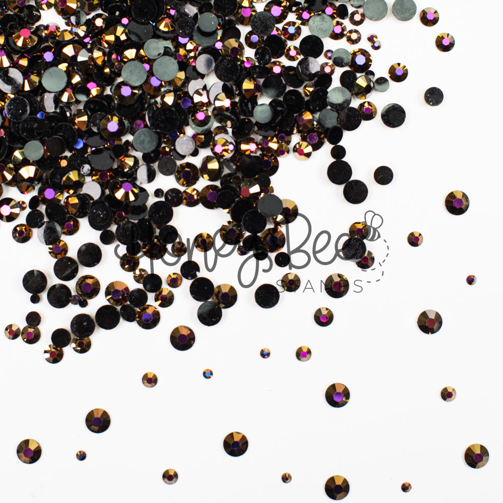 Foundry - Flat Back Rhinestone Purple and Gold Shimmer on Black Mix 2mm to 5mm size