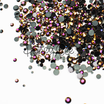 Foundry - Flat Back Rhinestone Purple and Gold Shimmer on Black Mix 2mm to 5mm size