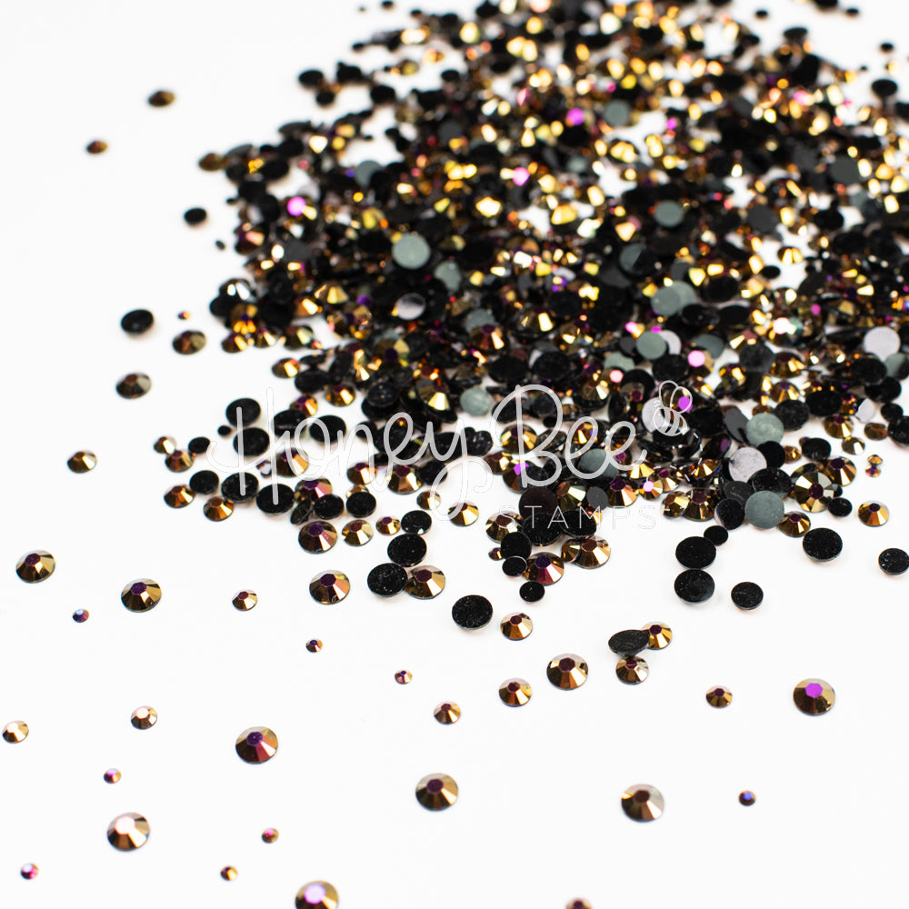 Foundry - Flat Back Rhinestone Purple and Gold Shimmer on Black Mix 2mm to 5mm size