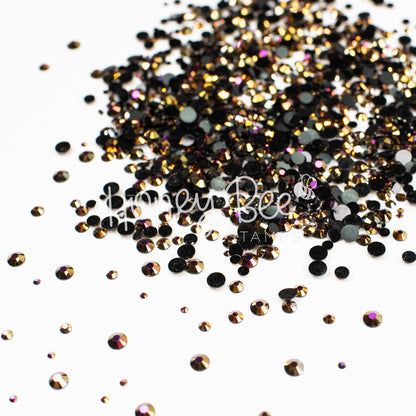 Foundry - Flat Back Rhinestone Purple and Gold Shimmer on Black Mix 2mm to 5mm size