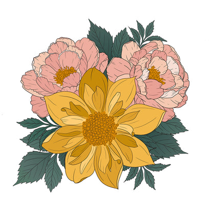 A stylized floral illustration featuring a large golden-yellow flower in front of two blush pink peonies, with dark green leaves on a plain white background.